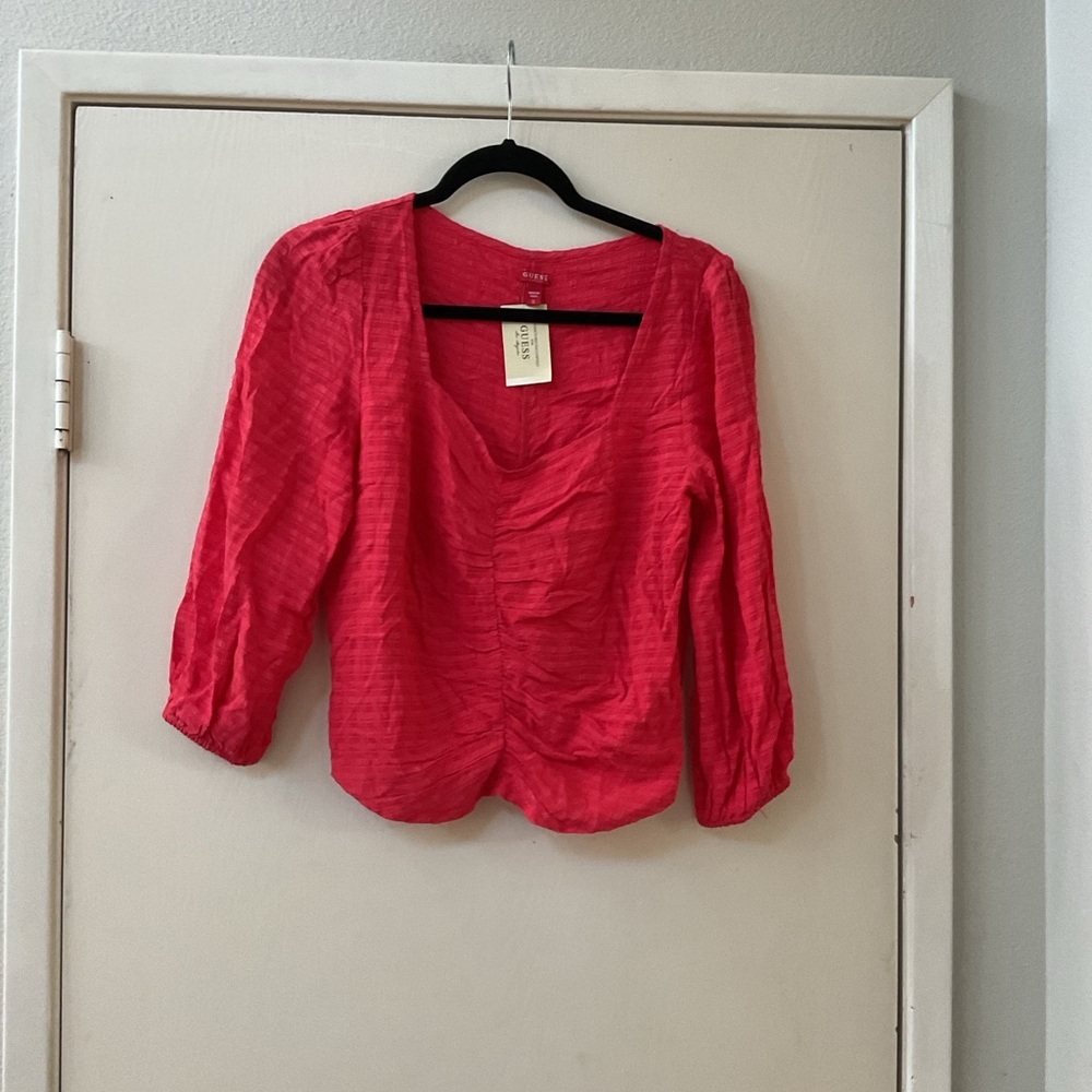 Guess Coral Pink Ruched V-Neck Blouse